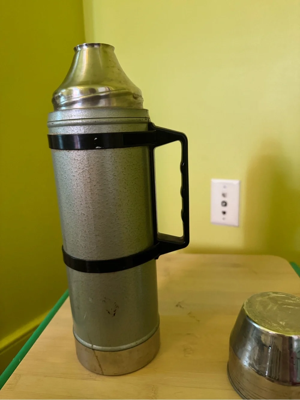 Vintage Silver and green Stainless Steel Vacuum Bottle